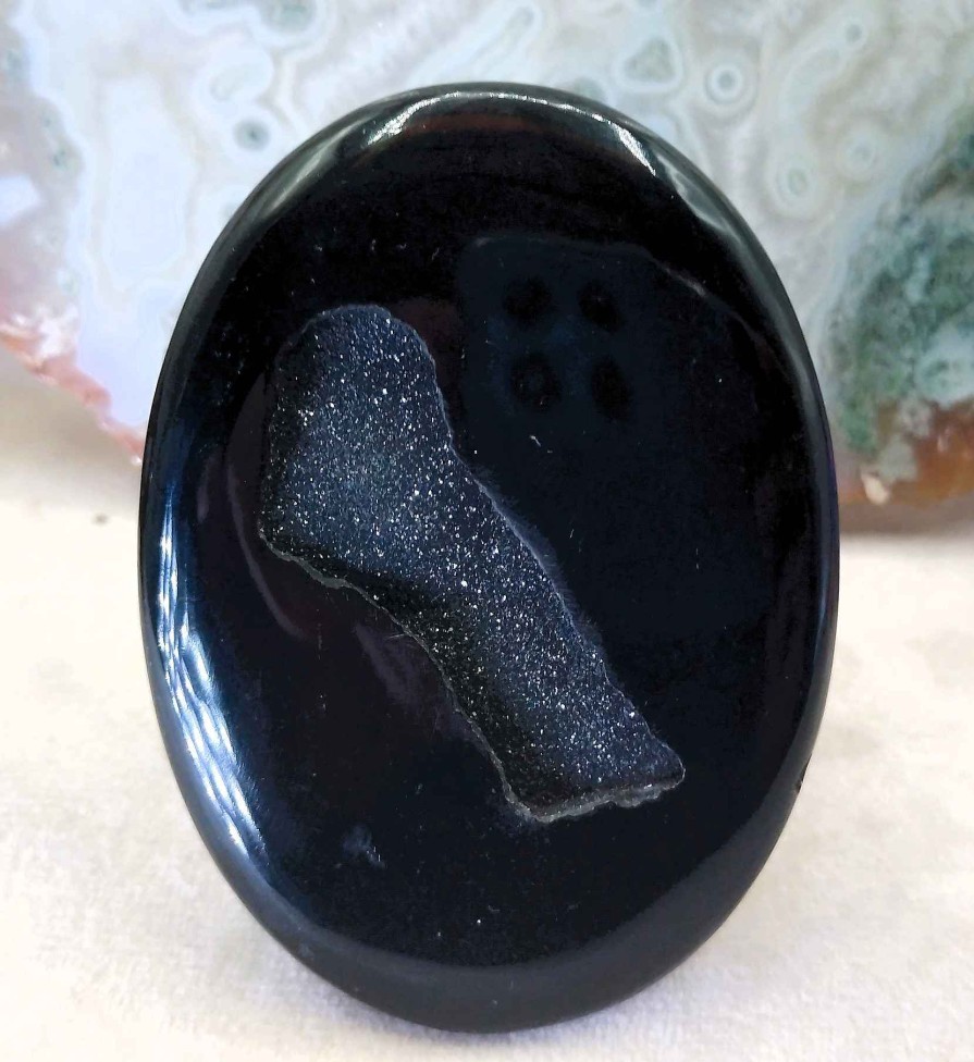 Pierres reve de bijoux | Grande Pierre Plate D'Agate Noire "Druzy"