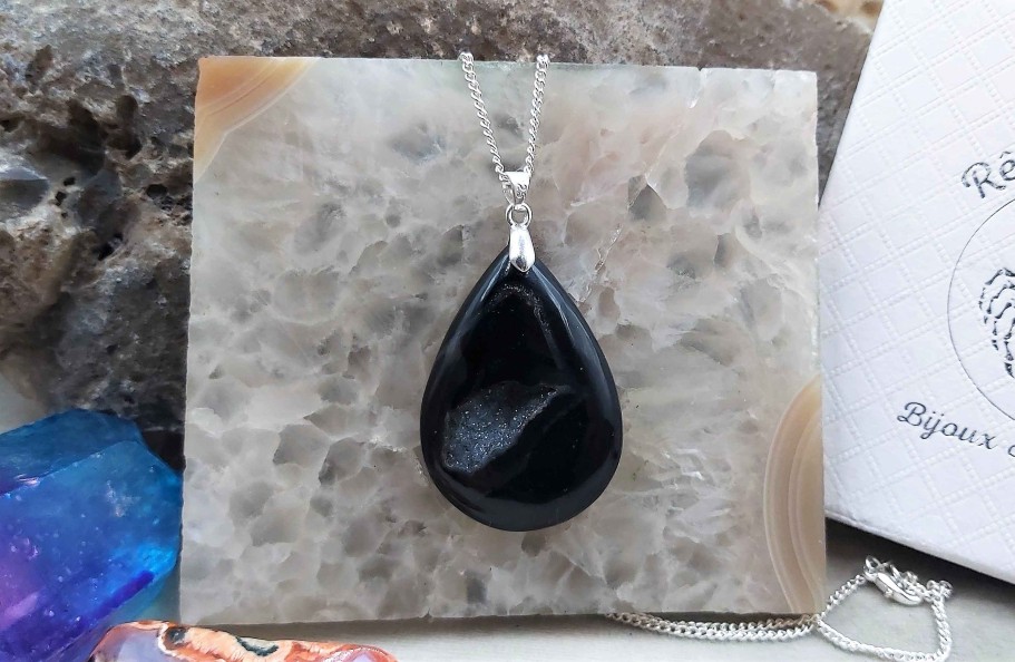 Colliers & Pendentifs reve de bijoux | Belle Agate Noire "Druzy"