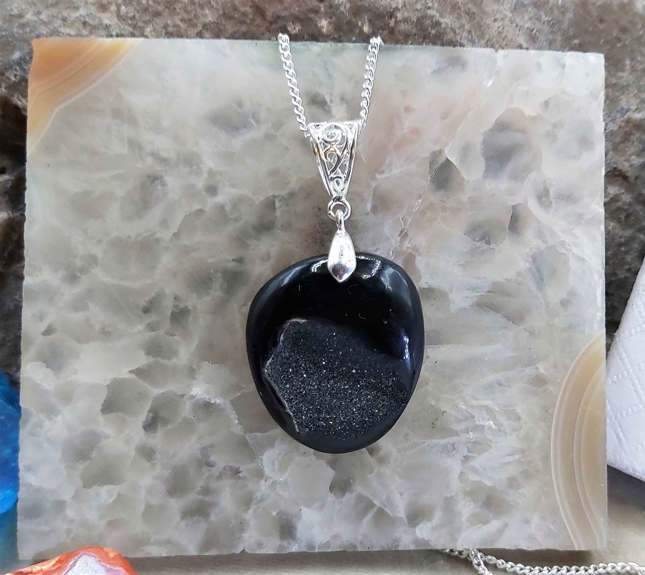 Colliers & Pendentifs reve de bijoux | Tr S Jolie Agate Noire "Druzy"