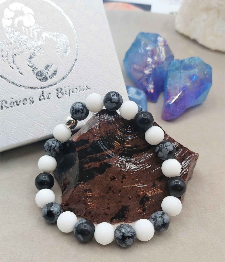 Bracelets reve de bijoux | Bracelets "Protection Et Equilibre" - Obsidienne Flocon Et Agate Blanche